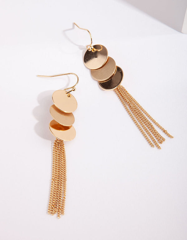 Gold Disc Chain Tassel Earrings