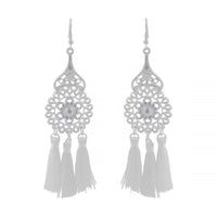 Silver Filigree & White Tassel Drop Earrings - link has visual effect only