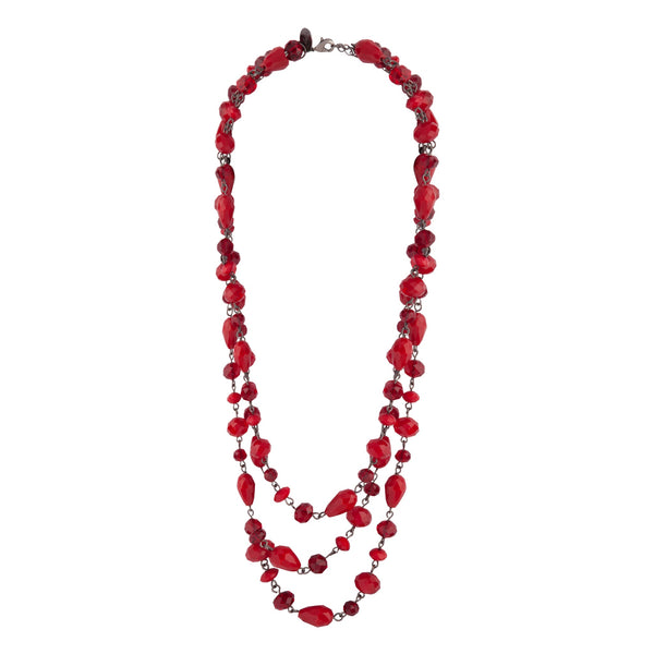 Red Gunmetal Triple Row Mixed Bead Necklace