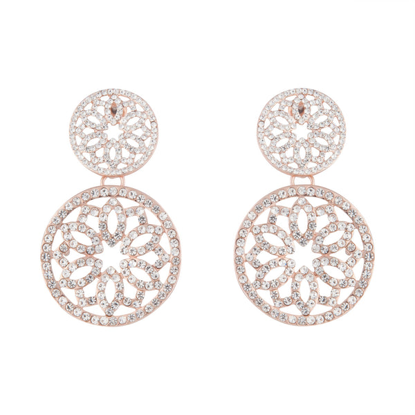 Rose Gold Diamante Filigree Double Circle Drop Earrings