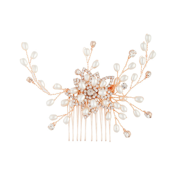 Rose Gold Floating Pearl Diamante Comb
