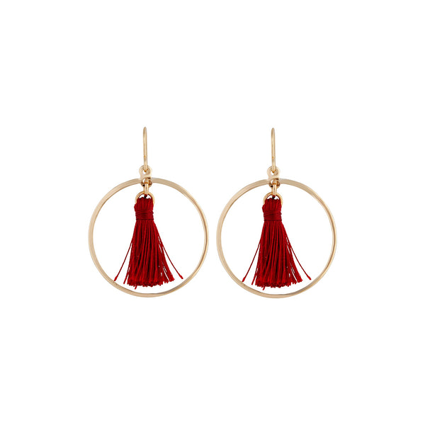 Gold Circle Tassel Maroon Drop Earrings