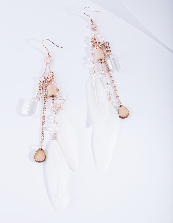 Rose Gold Feather Diamante Drop Earrings