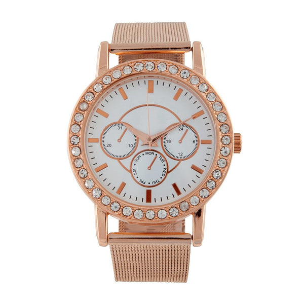 Rose Gold Diamante Surrounded Mesh Strap Watch