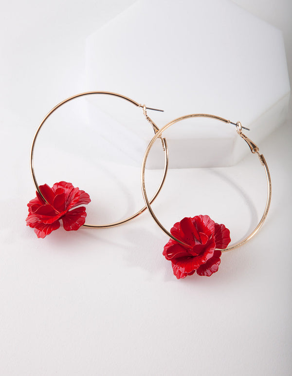 Red & Gold Metal Flower Hoop Earrings