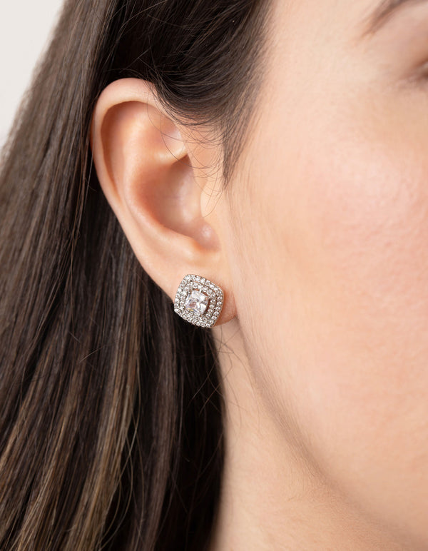 Diamond Simulant Rhodium Square Stud Earrings