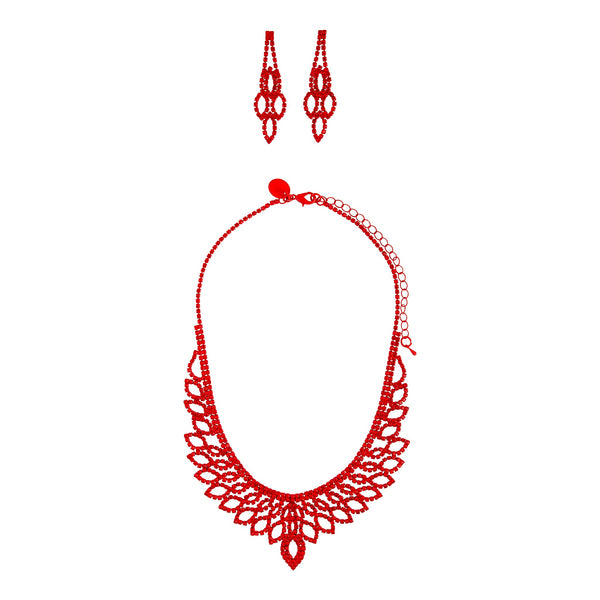 Red Diamante Cup Chain Necklace Earrings Set