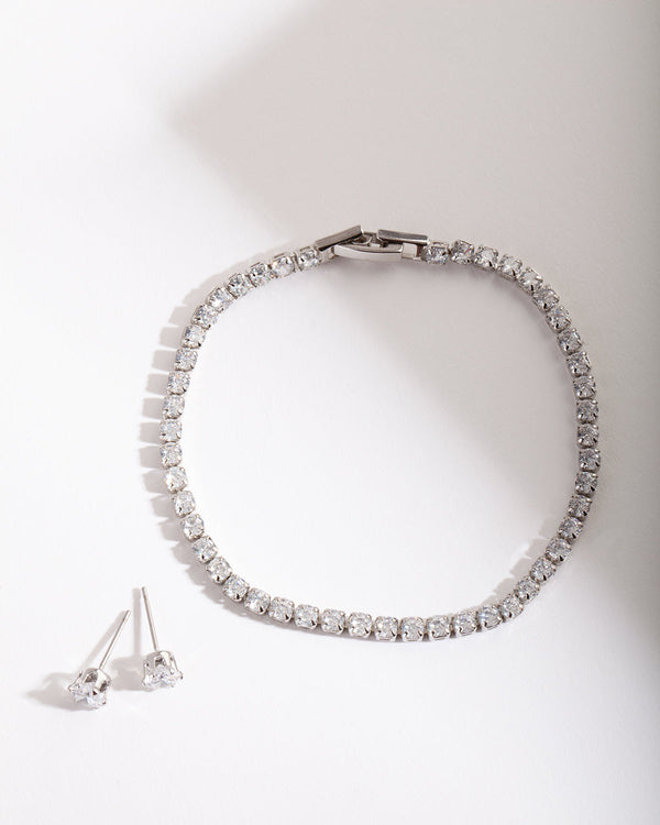 Silver Diamond Simulant Earring & Bracelet Set