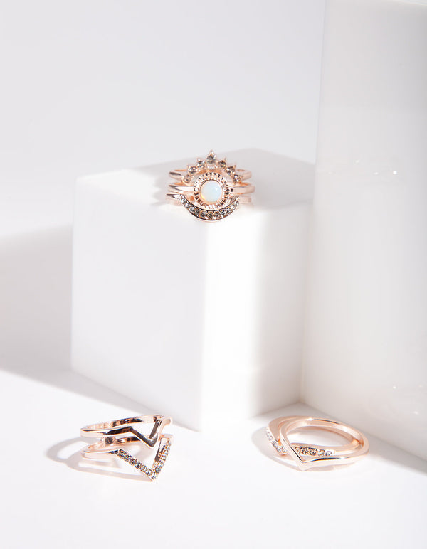 Rose Gold Multi Shape Diamante Ring Pack