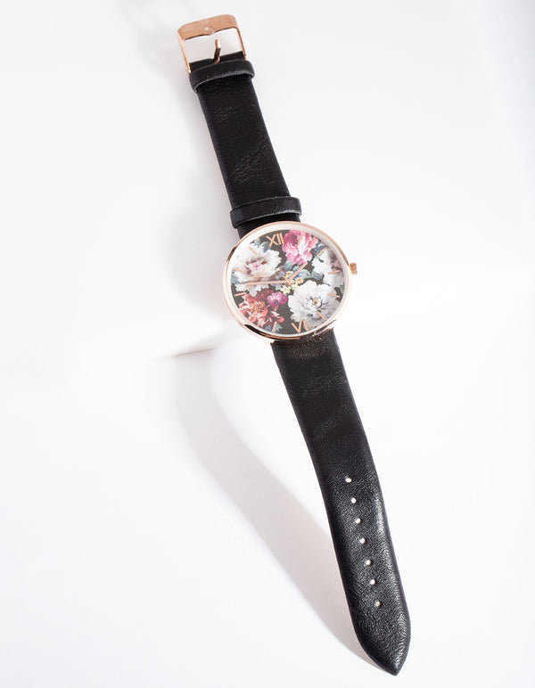 Black Floral PU-Strap Watch