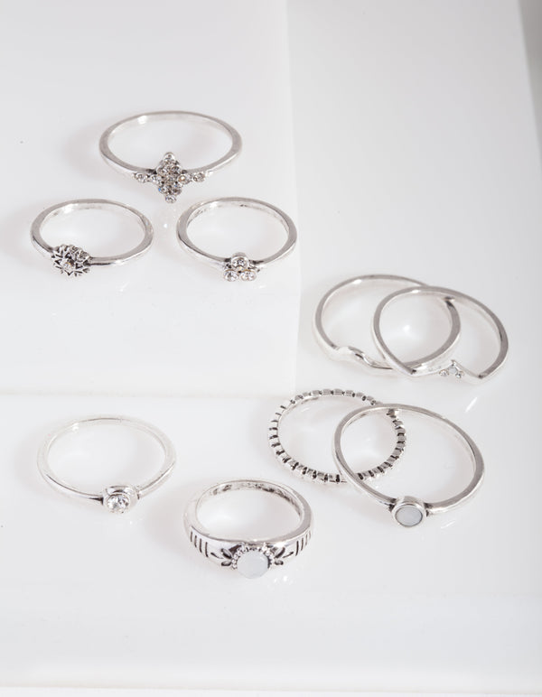 Diamante Silver Thin Ring 9 Pack