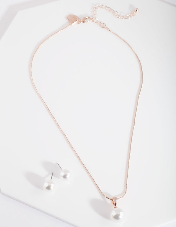 Rose Gold Pearl Necklace Earrings Set
