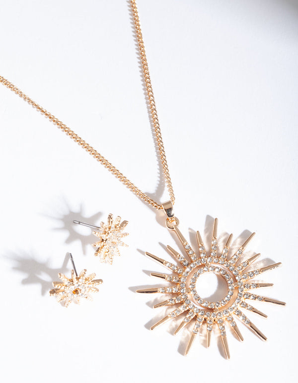 Gold Diamante Sun Earrings Necklace Set