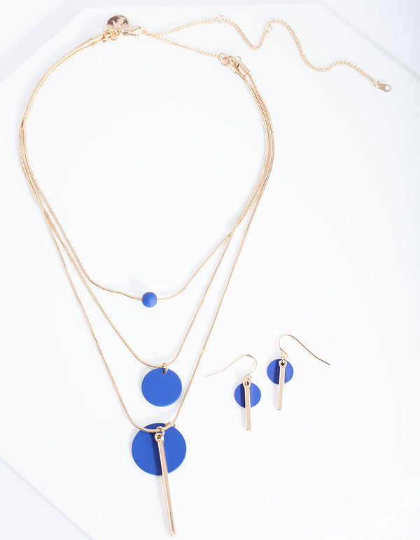 Blue Gold Matte Bead Necklace Earrings Set