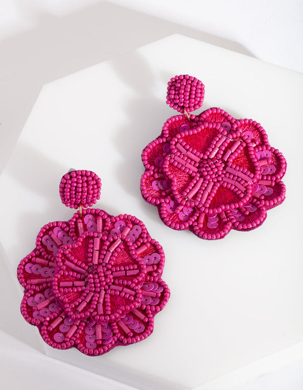 Pink Beaded Flower Drop Earrings