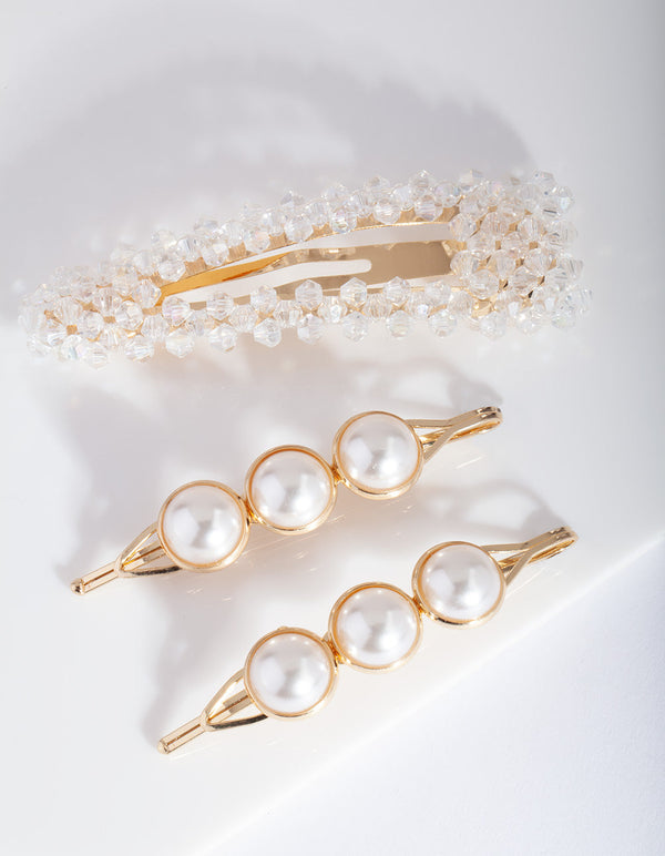 Gold Pearl Bead Hair Clip Pack