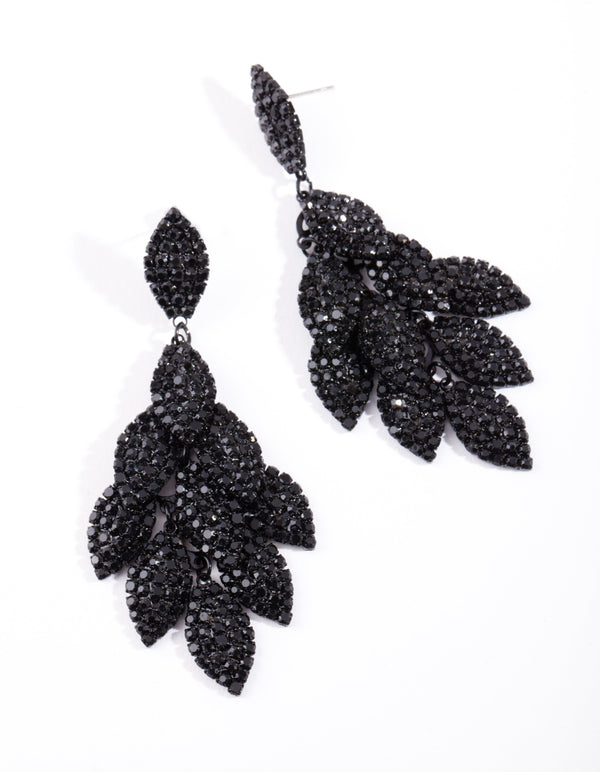 Black Coated Metal Diamante Leaf Earrings
