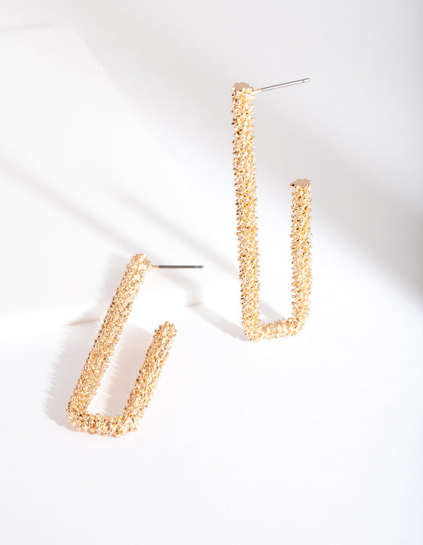 Gold Textured Rectangle Hoop Earrings