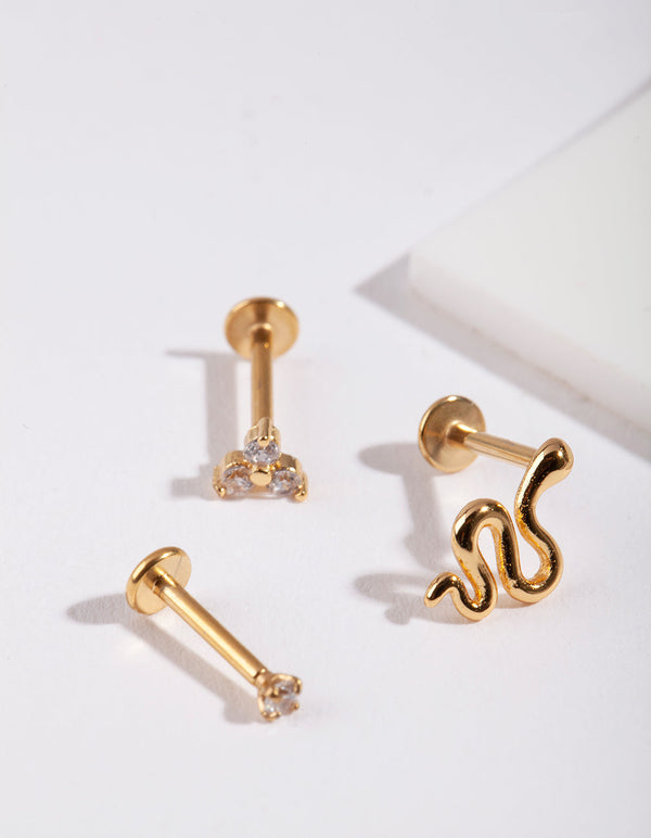 Gold Surgical Steel Diamante Snake Flat Back Earring Pack