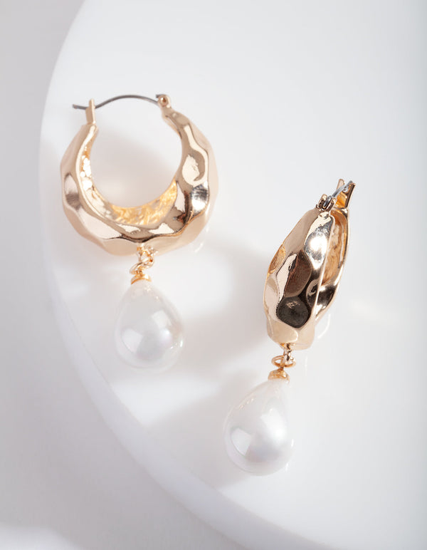 Gold Hoop Earrings with Pearl Teardrop