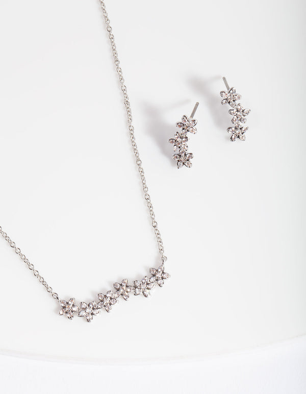 Silver Diamond Simulant Flower Cluster Necklace & Earrings Set