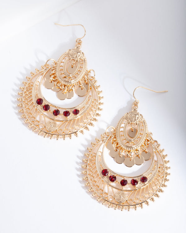Gold Red Diamante Disc Earrings