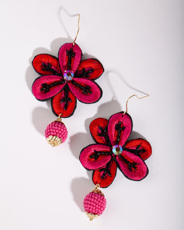 Red Embroidered Flower Earrings