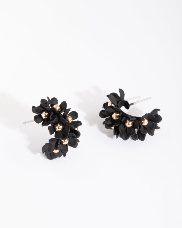 Black Mini Flower Cluster Hoop Earrings