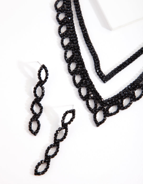 Black Diamante Leaf Necklace & Earrings Set