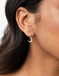 Sterling Silver Diamante Moon Charm Hoop Earrings - link has visual effect only