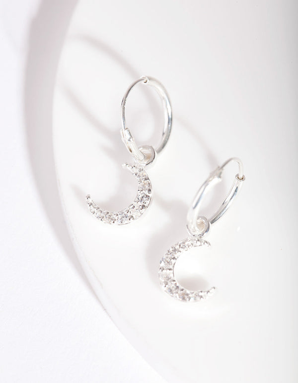 Sterling Silver Diamante Moon Charm Hoop Earrings