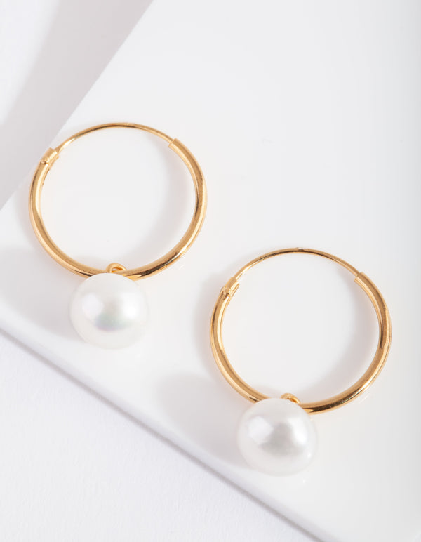 Gold Plated Sterling Silver Freshwater Pearl Dangle Hoop Earring