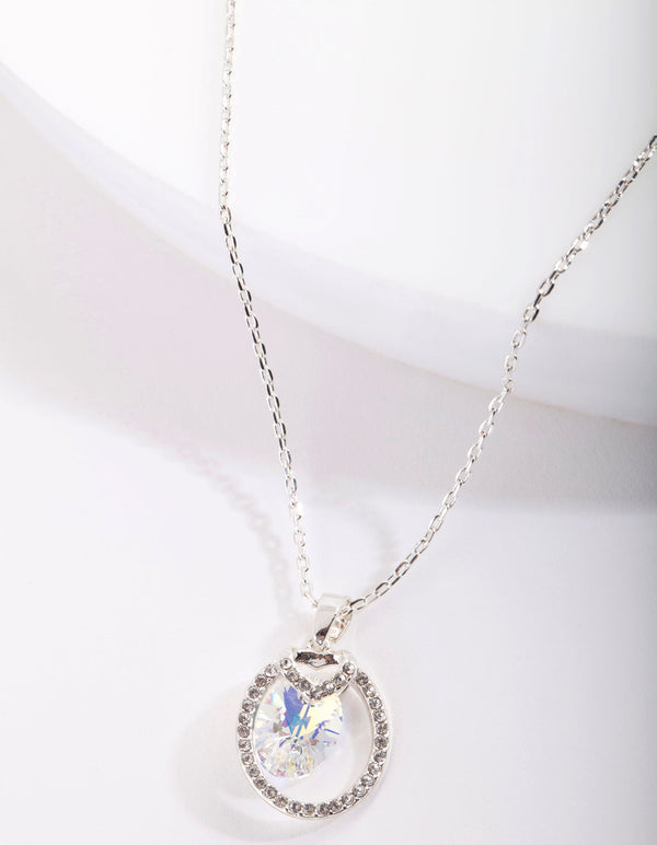 Silver Diamond Simulant Circular Stone Pendant Necklace