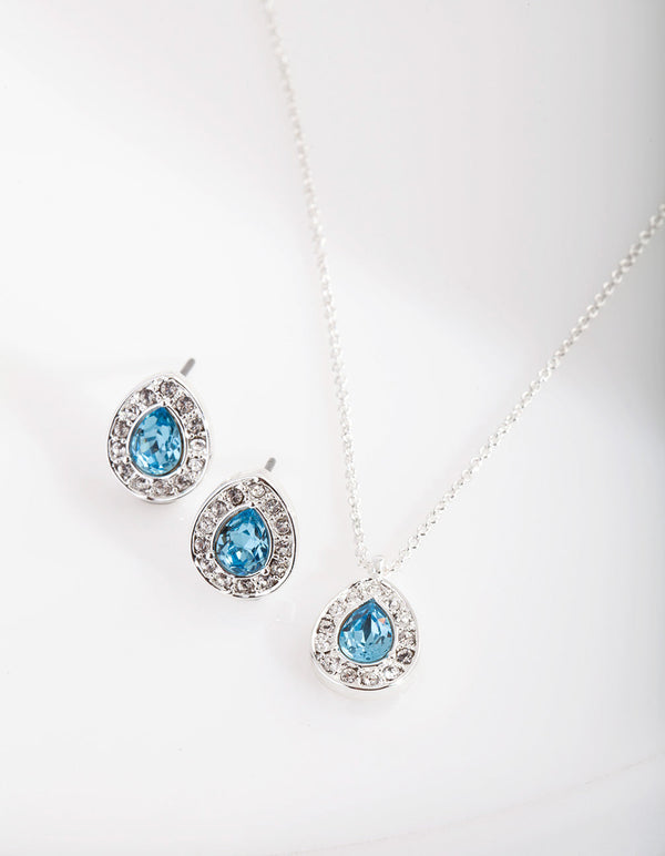 Blue Diamond Simulant Teardrop Earrings & Necklace Set
