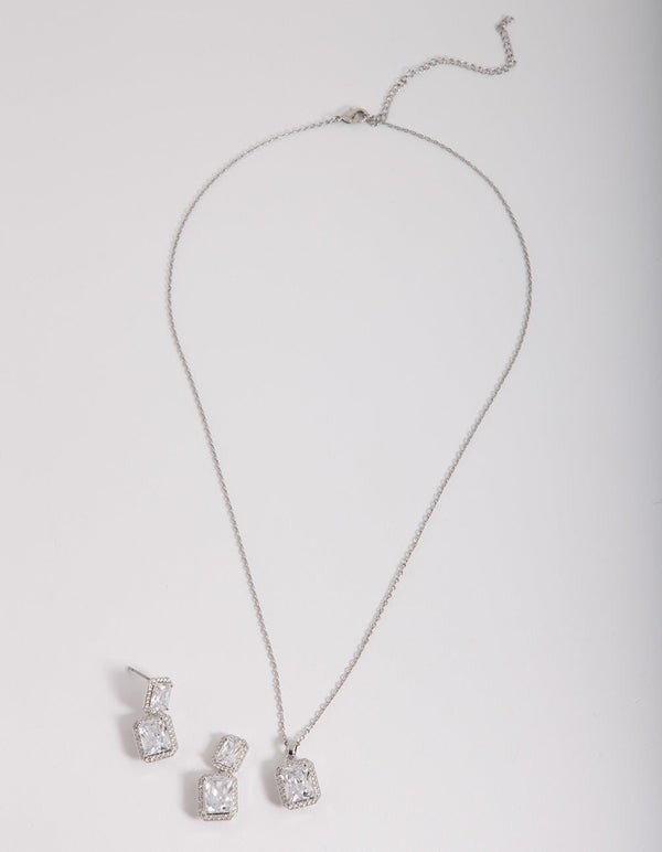 Modern Rectangle Diamante Necklace Earrings Set