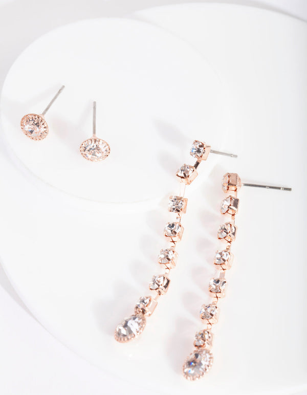 Rose Gold Diamante Cupchain Drop Earrings Set