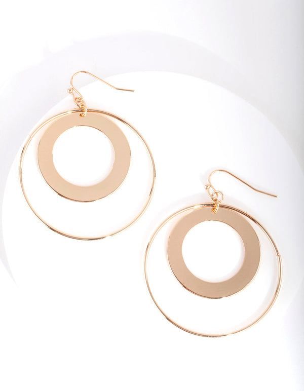 Gold Double Open Circle Drop Earrings