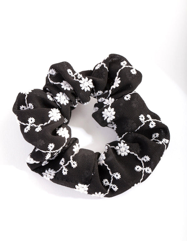 Black & White Embroidery Scrunchie