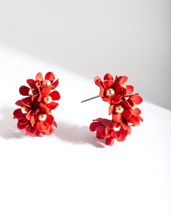 Red Flower Cluster Hoop Earrings