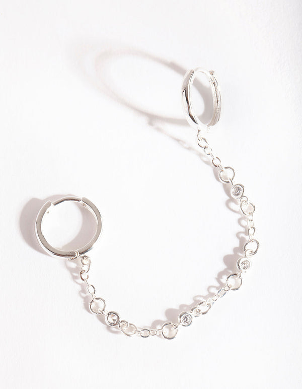 Silver Diamante Chain Double Huggie Earrings
