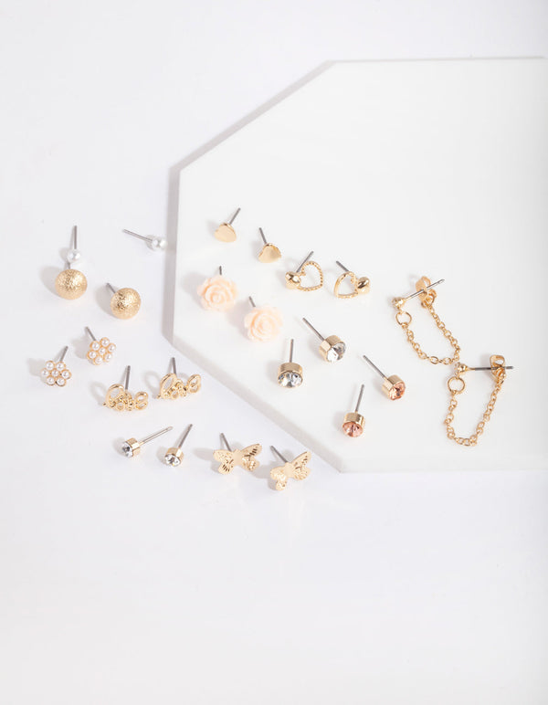 Gold Flower & Pearl Earring 12-Pack