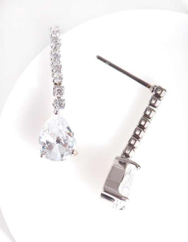 Silver Cubic Zirconia Pear Cupchain Drop Earrings