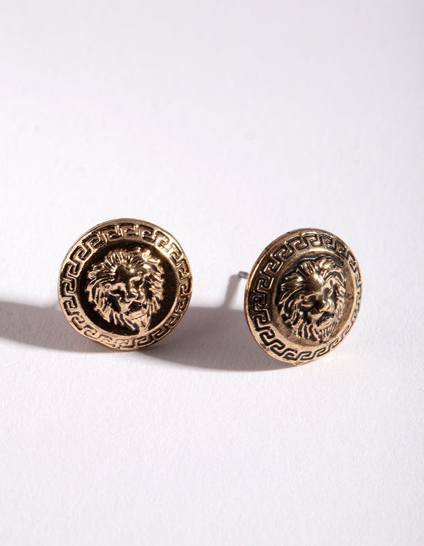 Antique Gold Lion Stud Earrings