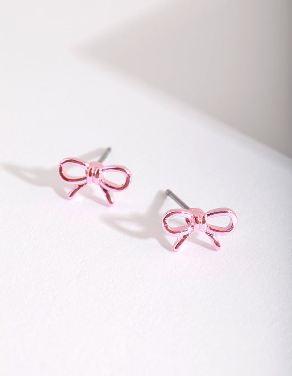 Kids Pink Shiny Bow Earrings