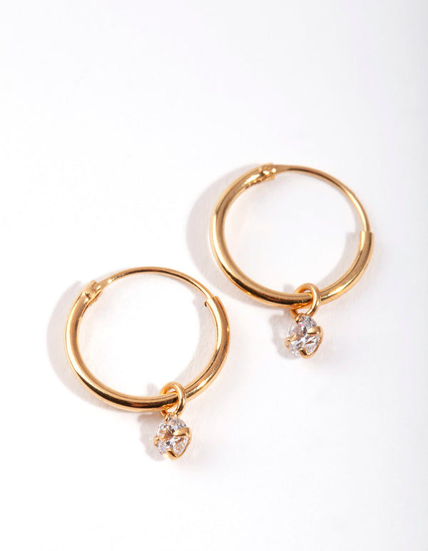 Gold Plated Sterling Silver Cubic Zirconia Dangle Hoop Earrings