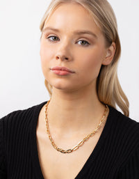 Gold Plated Rectangle Link Necklace - link has visual effect only