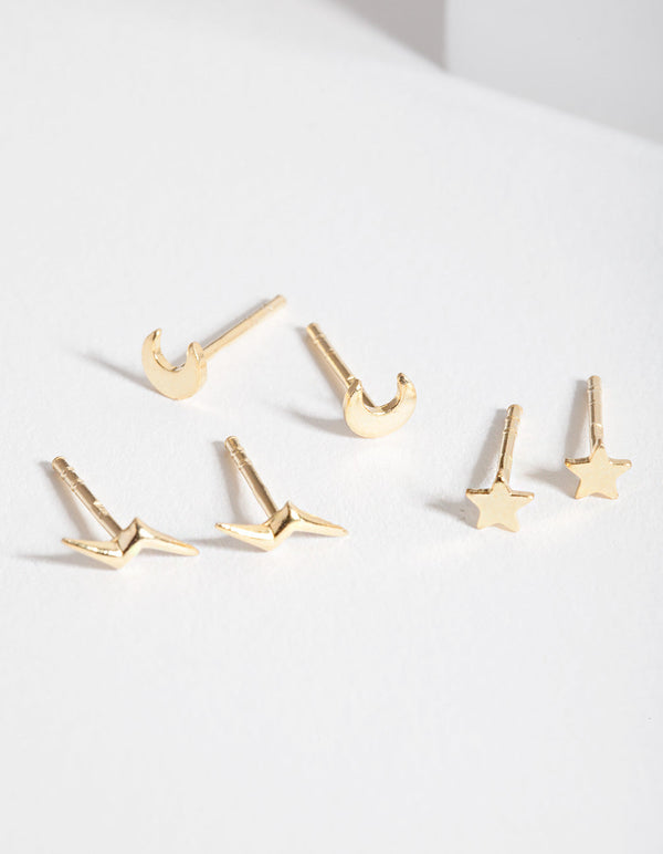 Gold Plated Sterling Silver Celestial Stud Earrings Trio