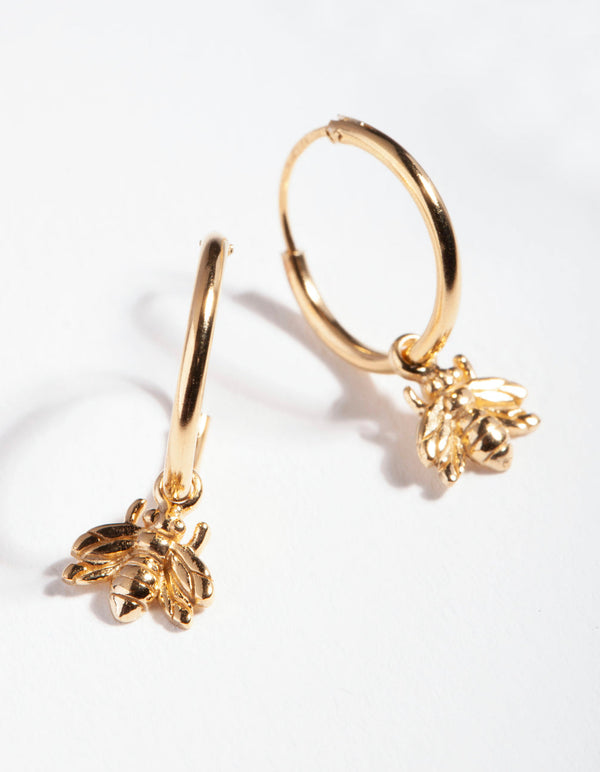 Gold Plated Sterling Silver Bee Charm Hoop Earrings