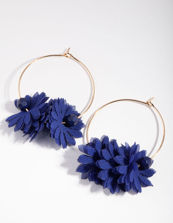 Blue Fabric Flower Hoop Earrings