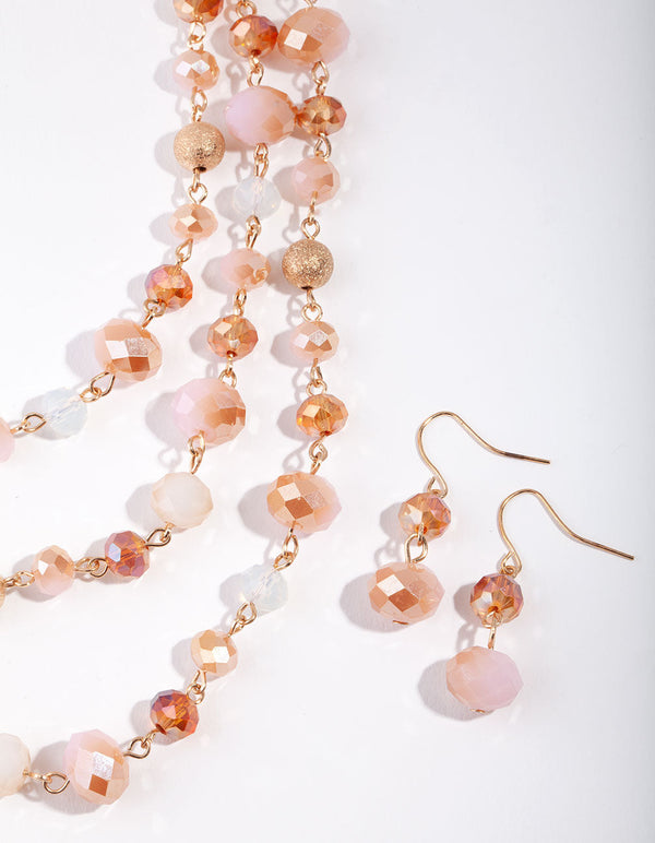 Gold Pink Facet Bead 3 Row Necklace & Earrings Set
